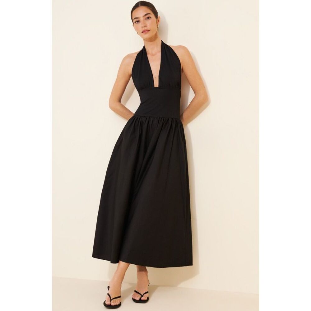 Esthé Open Back Halter Poplin Maxi Dress in Black Size M (US 6)